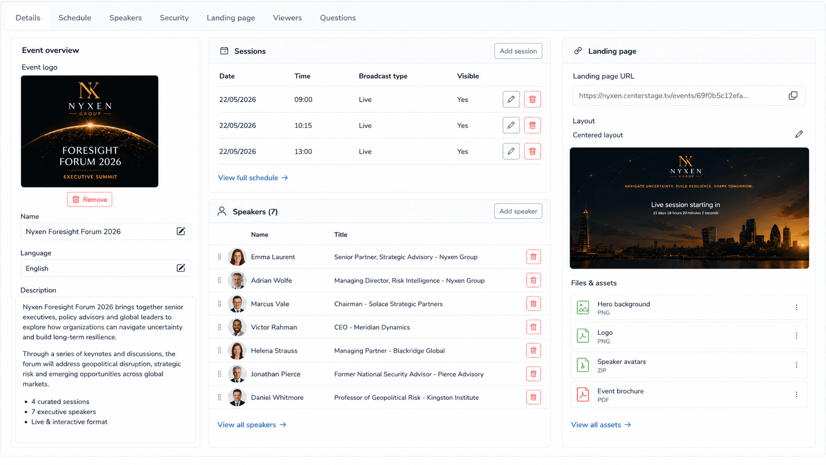 CenterStage event workflow dashboard with sessions, speakers and landing page assets